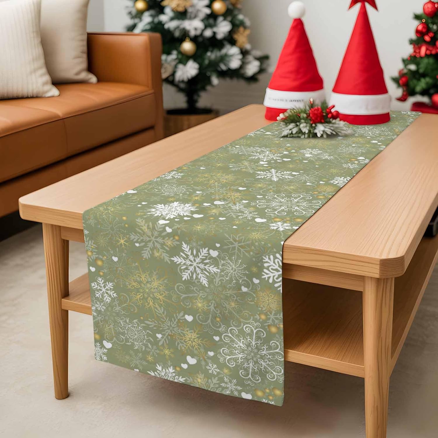 Linen Table Runner - Christmas Golden White Snowflake Linen Table