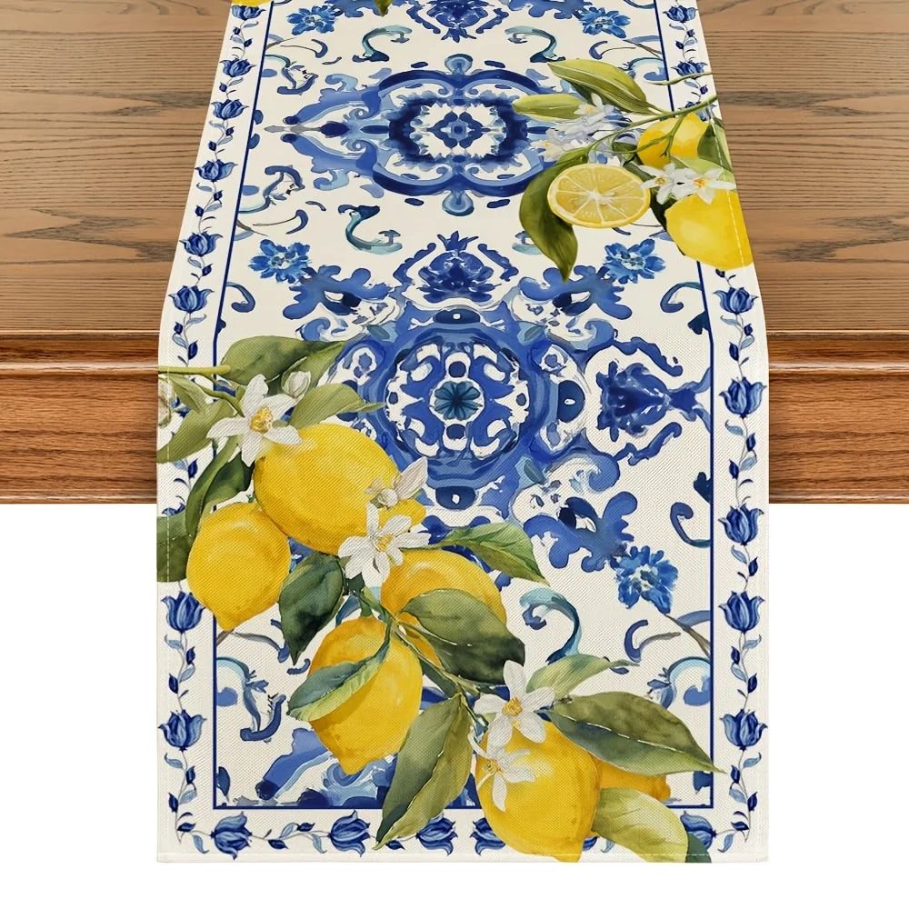 Linen Table Runner - VIKAMA Farmhouse Table Runner Lemon Blue