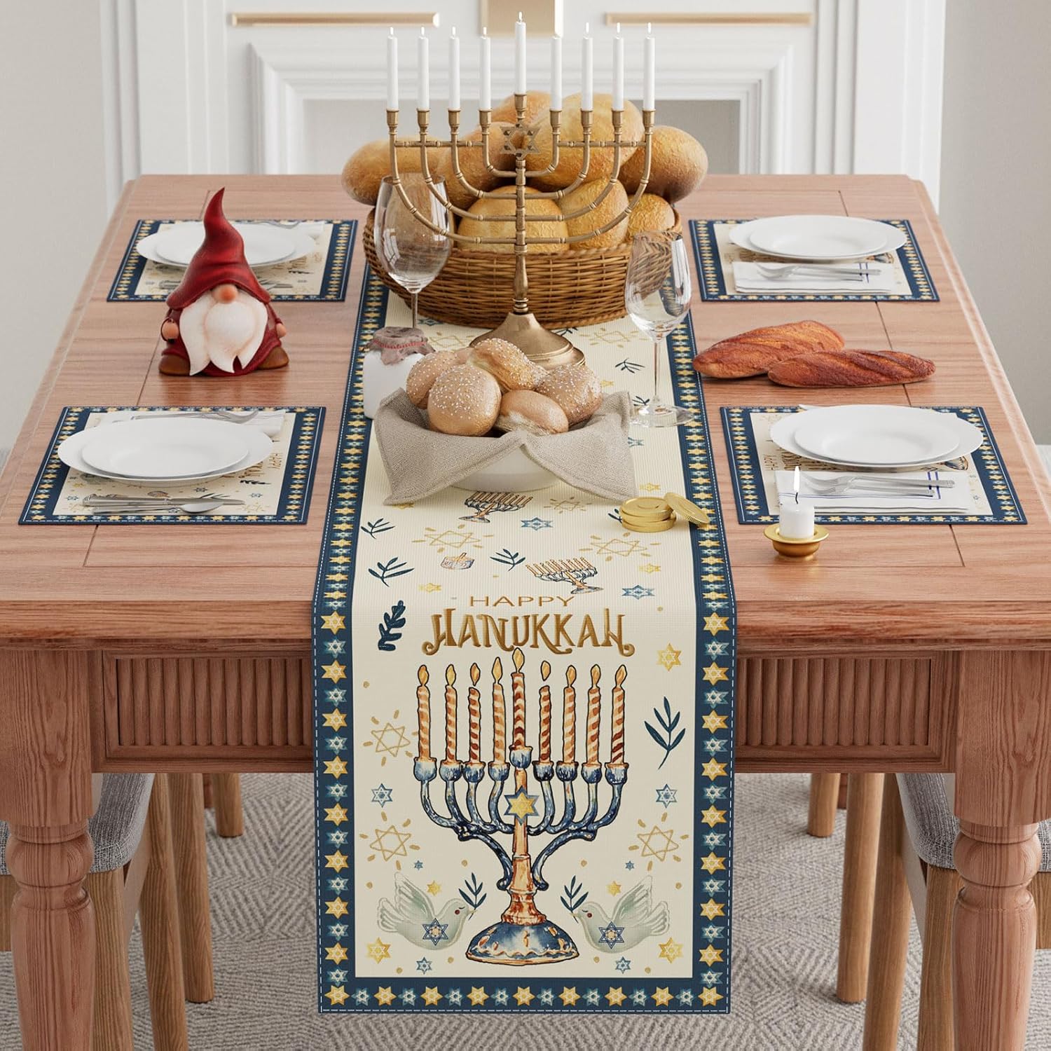 Happy Hanukkah Chanukah Menora - Linen Table Runner 评论和价格
