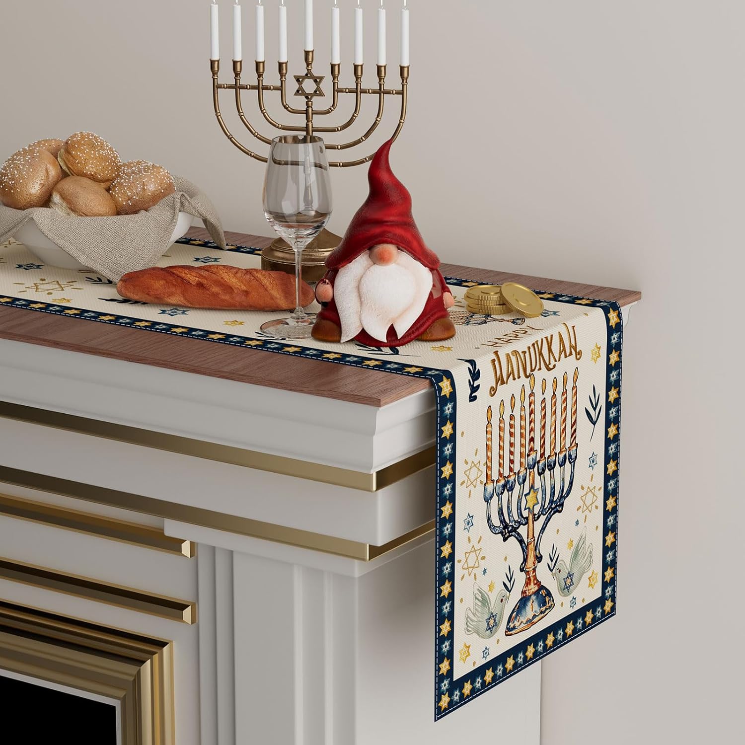 Happy Hanukkah Chanukah Menora - Linen Table Runner 评论和价格