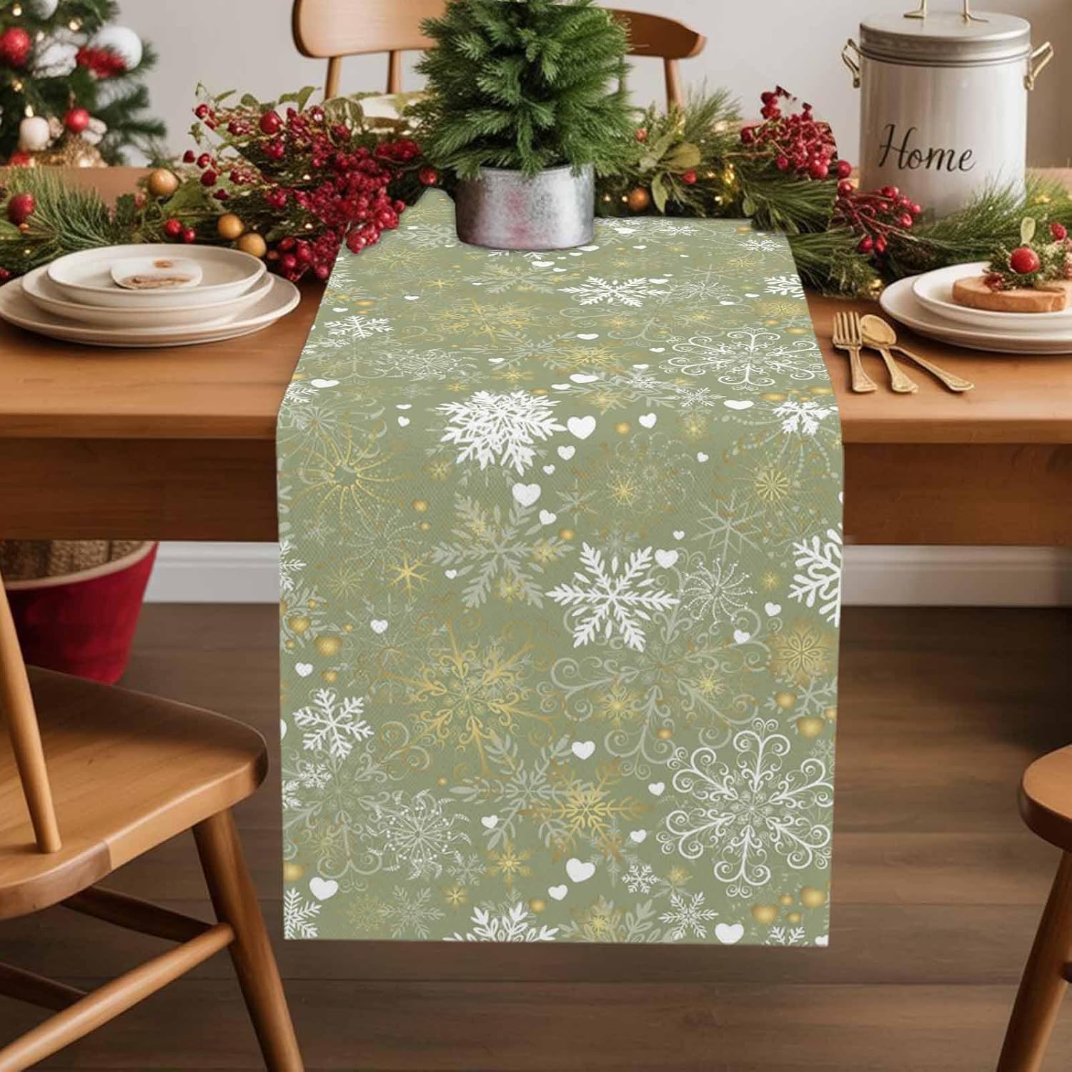 Christmas Golden White Snowfla - Linen Table Runner 评论和价格