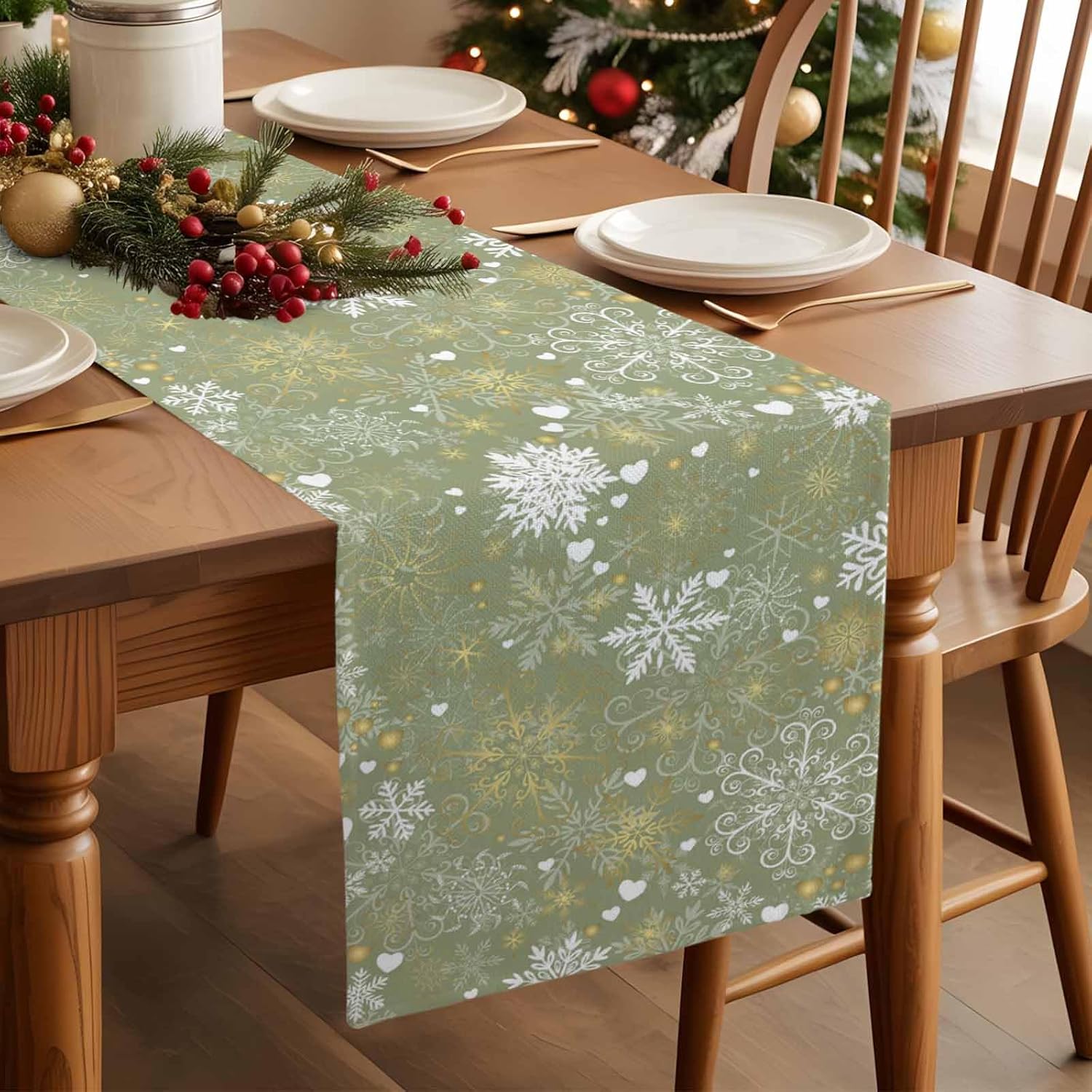 Christmas Golden White Snowfla - Linen Table Runner 评论和价格