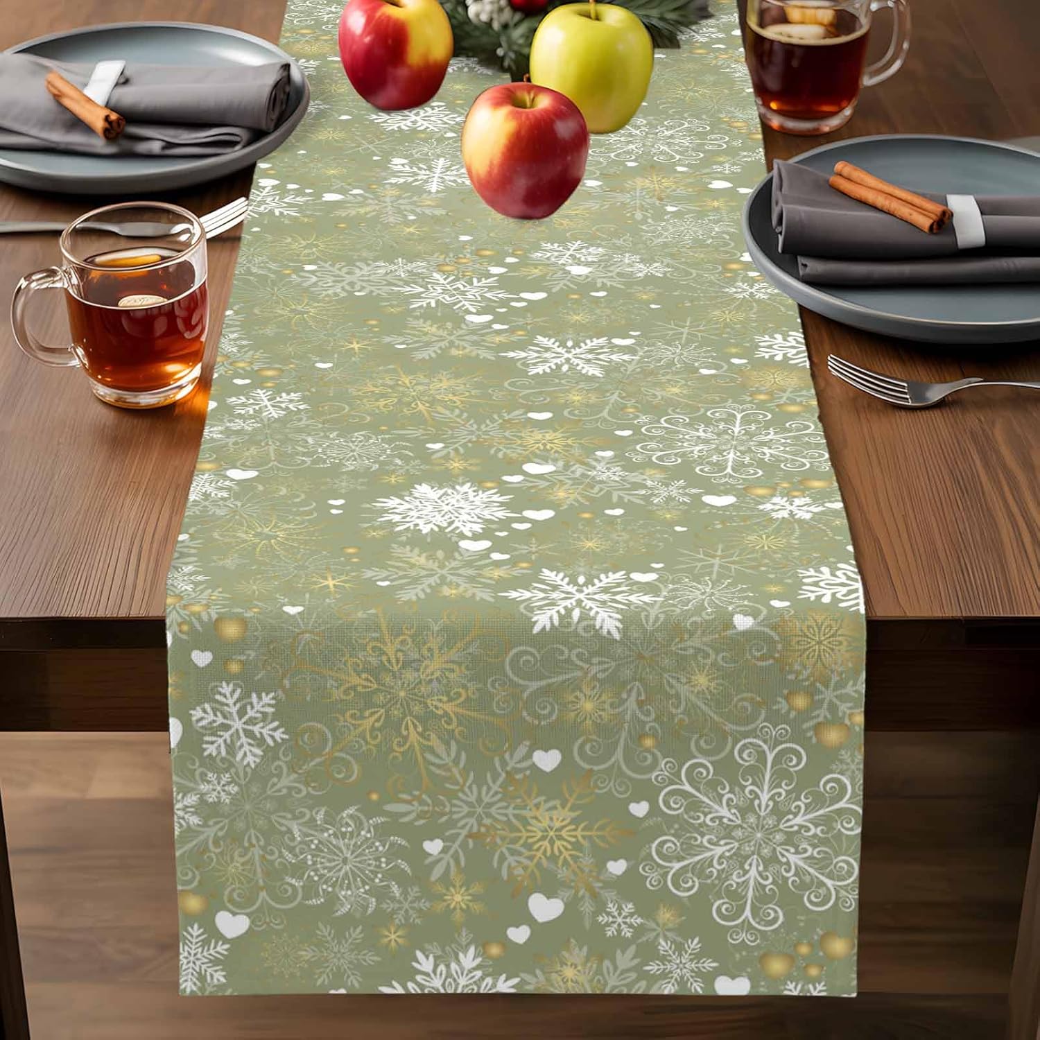 Christmas Golden White Snowfla - Linen Table Runner 评论和价格