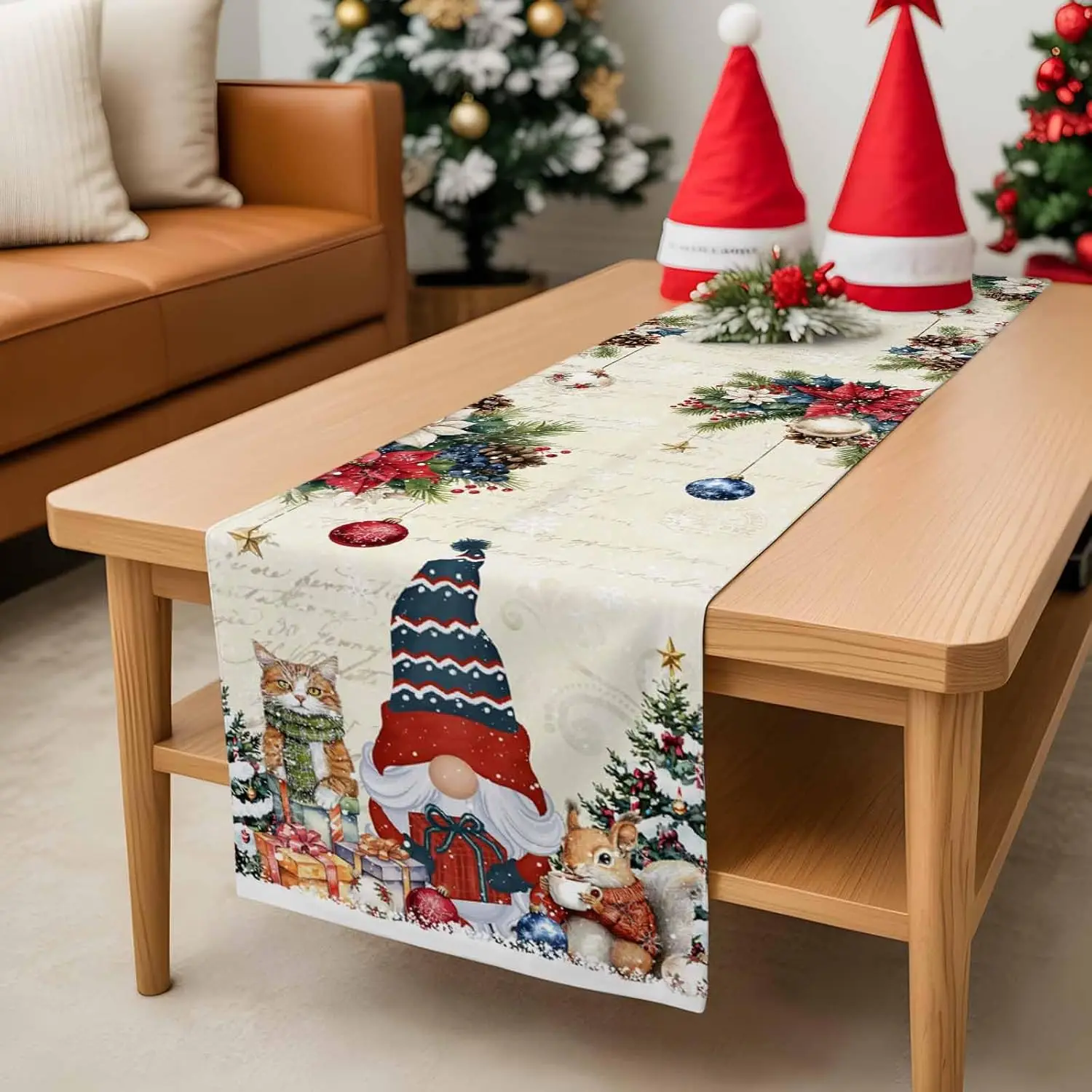 Christmas Gnome Snowflake Pine - Linen Table Runner 评论和价格