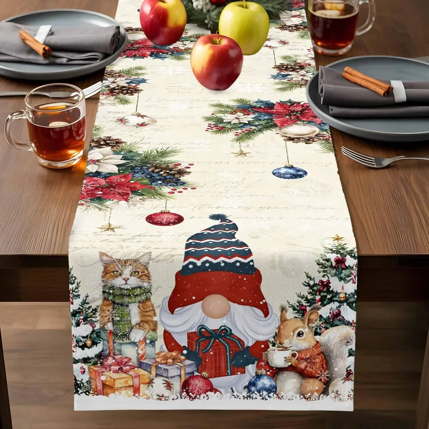 Christmas Gnome Snowflake Pine - Linen Table Runner 评论和价格