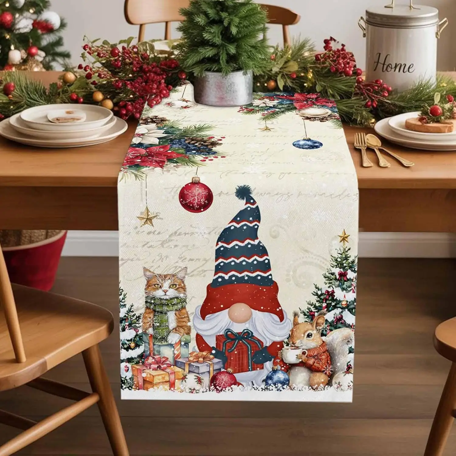 Christmas Gnome Snowflake Pine - Linen Table Runner 评论和价格
