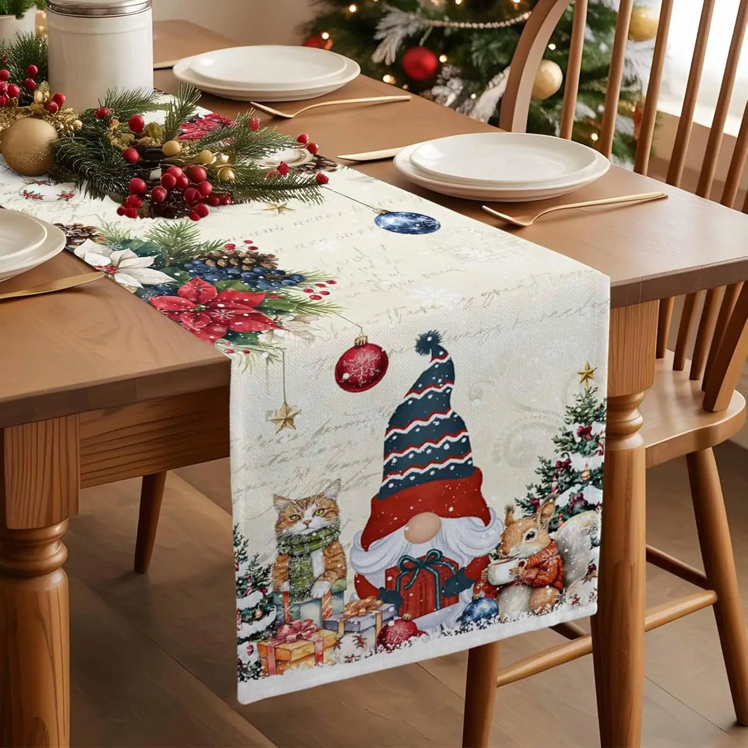 Christmas Gnome Snowflake Pine - Linen Table Runner 评论和价格