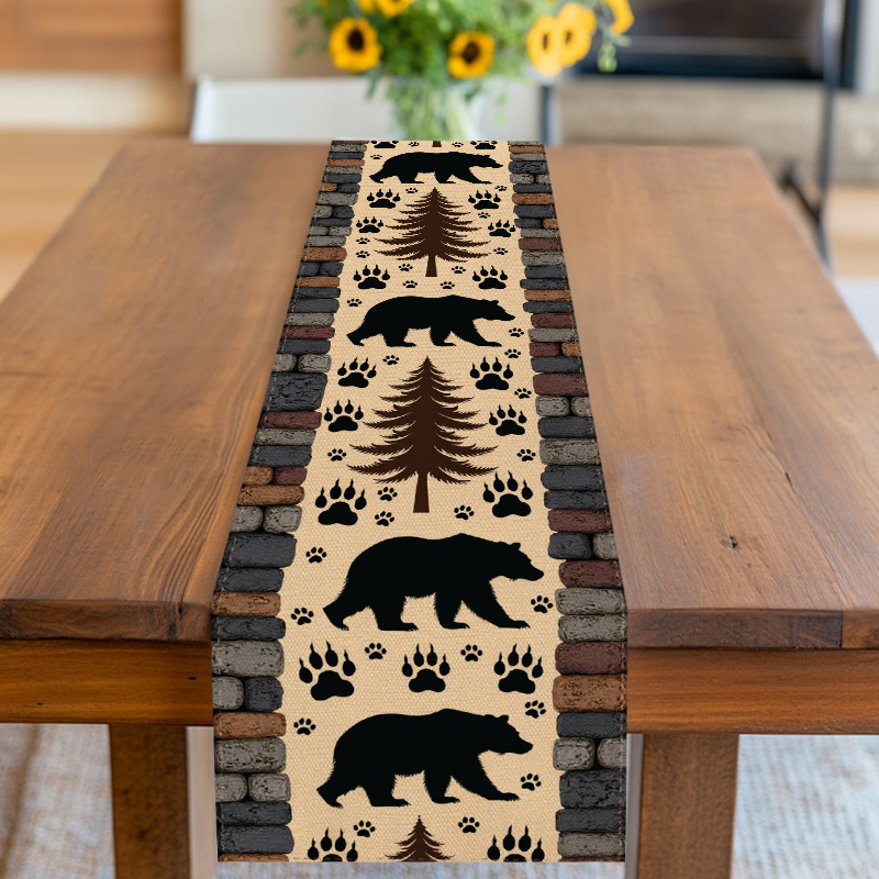Woodland Bear Pine Tree Table  - Linen Table Runner 评论和价格