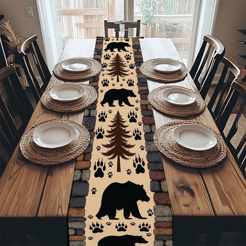 Woodland Bear Pine Tree Table  - Linen Table Runner 评论和价格