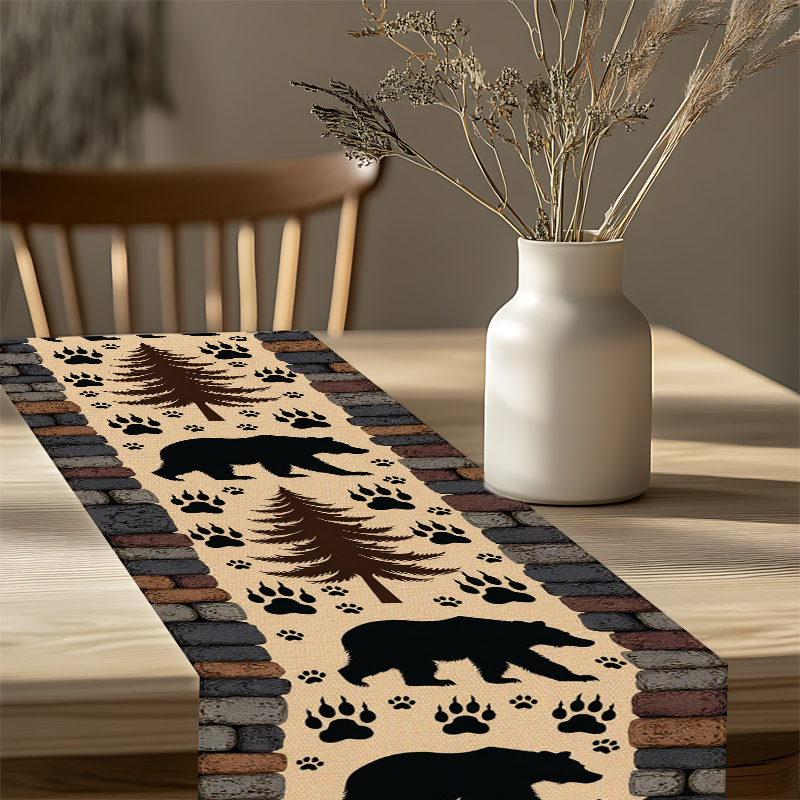 Woodland Bear Pine Tree Table  - Linen Table Runner 评论和价格
