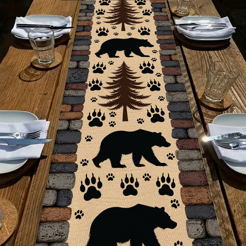 Woodland Bear Pine Tree Table  - Linen Table Runner 评论和价格